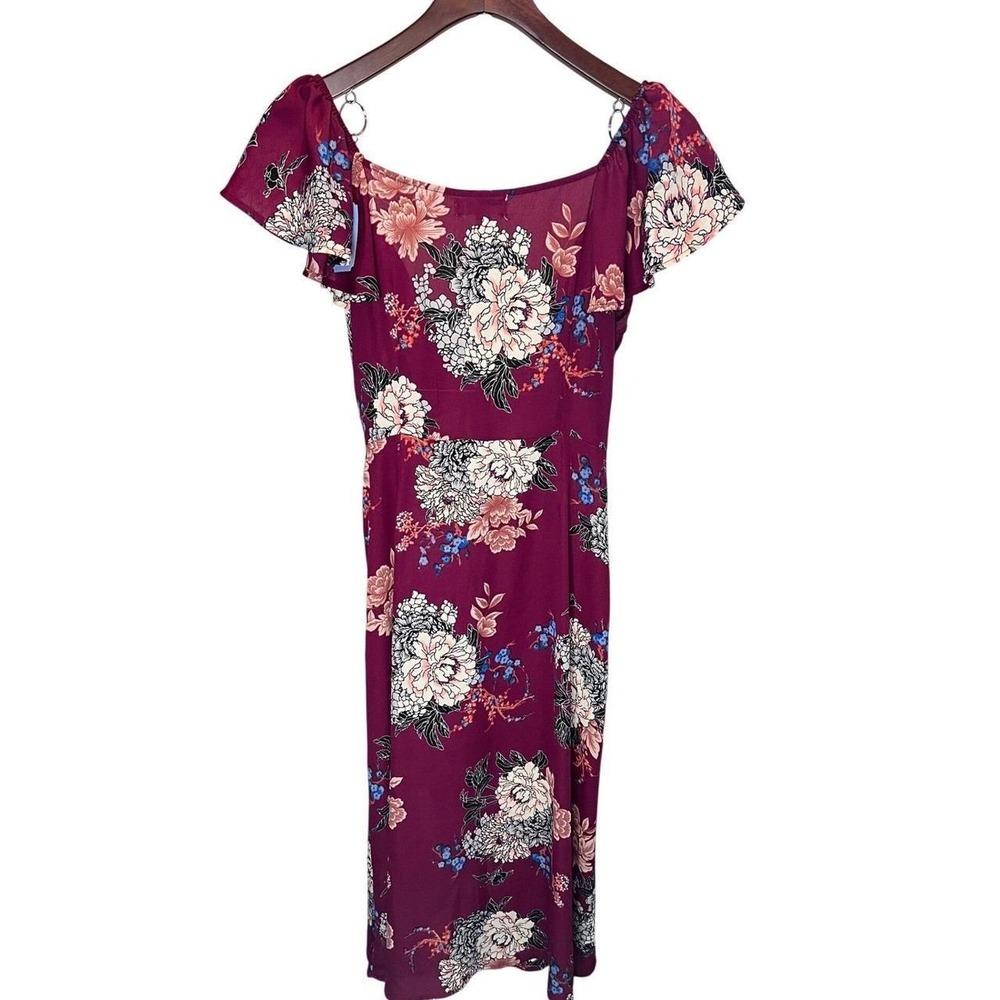Monteau Los Angeles Womens Large Burgundy Floral Flutter Sleeve Wrap Dress 59163 - Picture 2 of 4